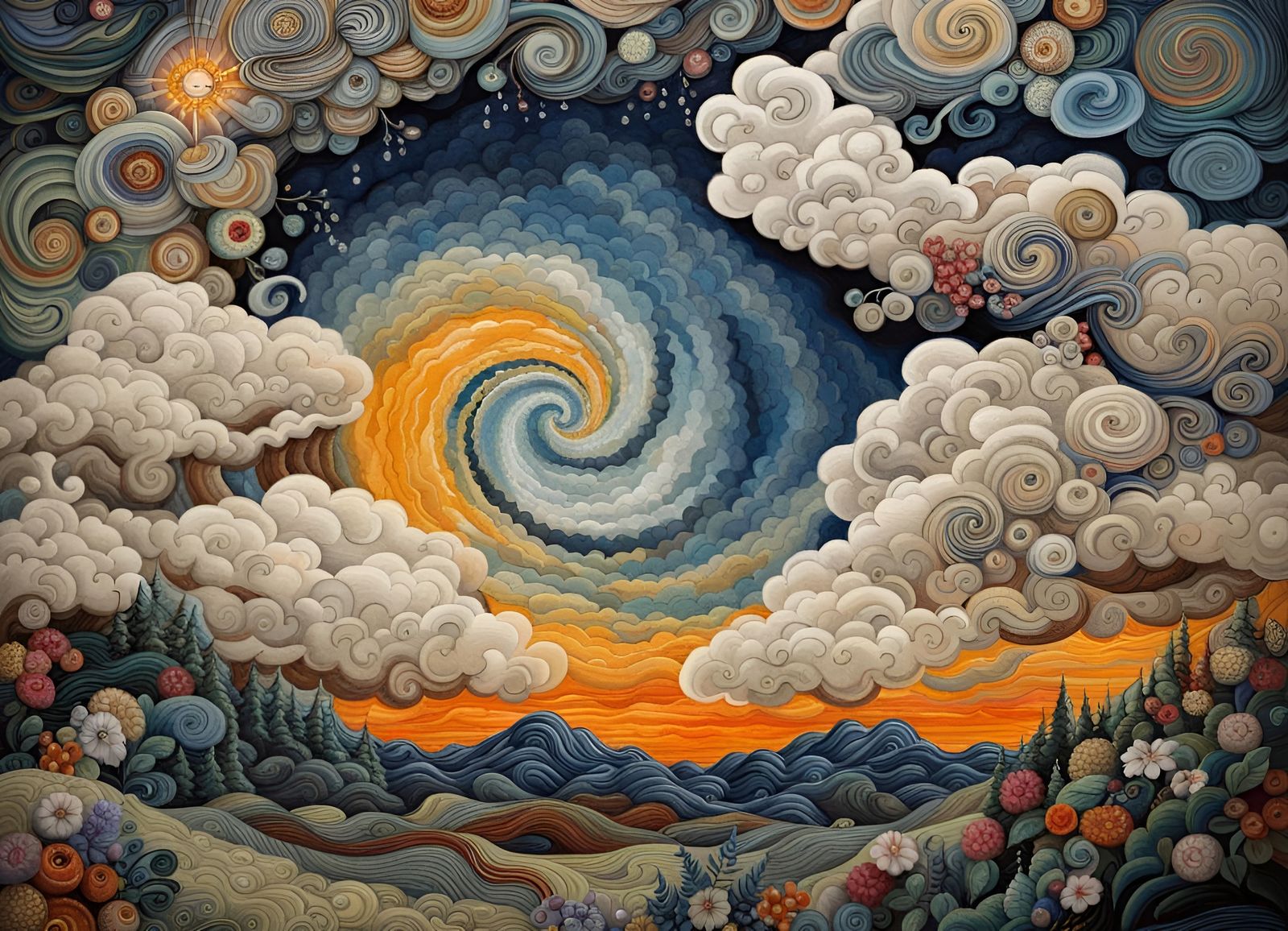 Swirling Clouds Landscape in Hyperrealistic Tapestry Style