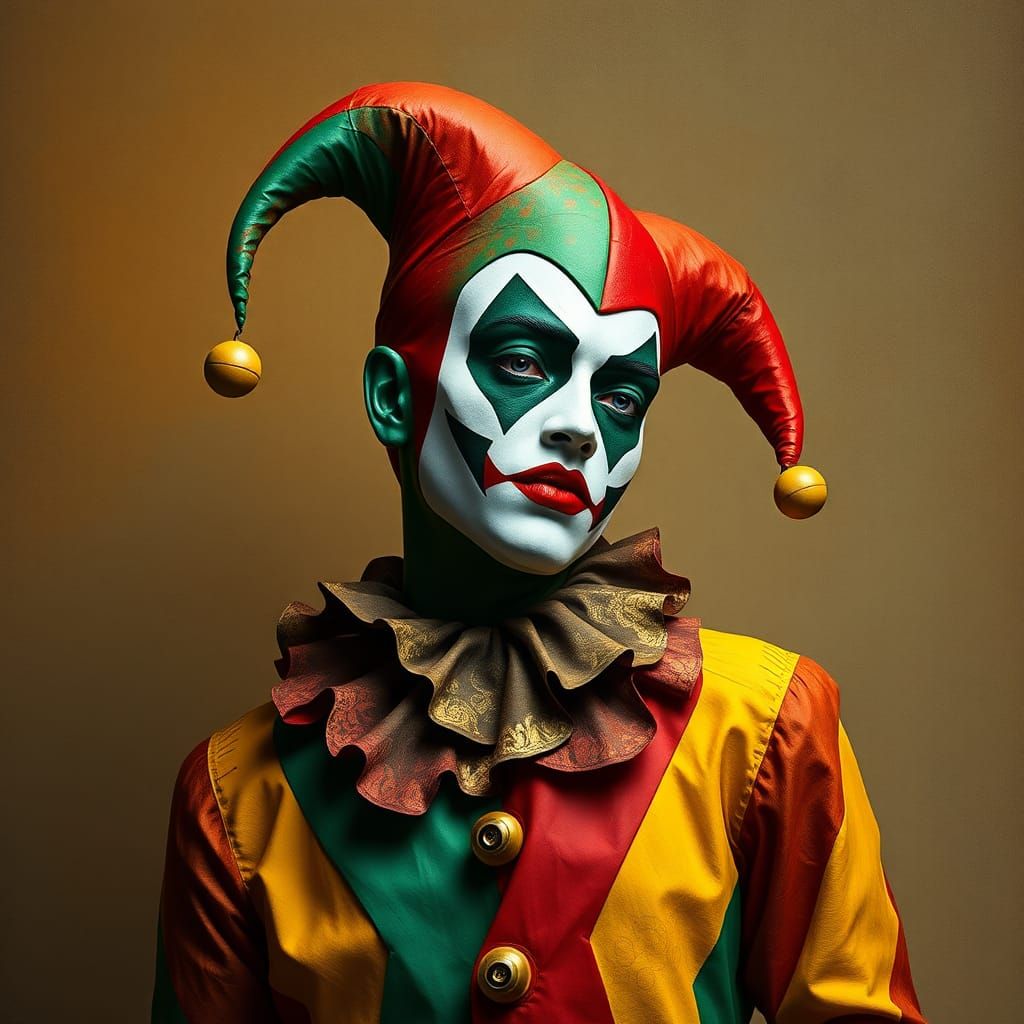 Harlequin in Cubist Attire, Matte Painting Style