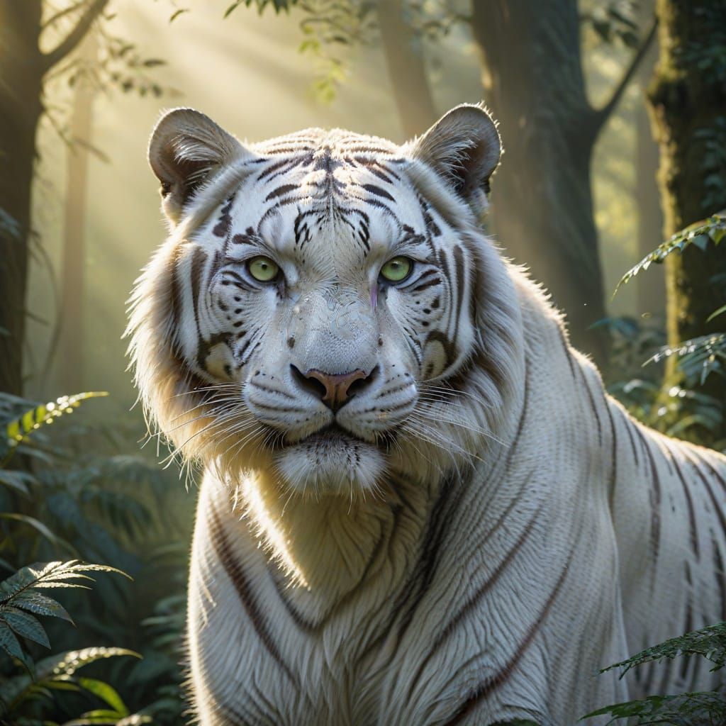 Majestic White Tiger in Golden Hour Forest