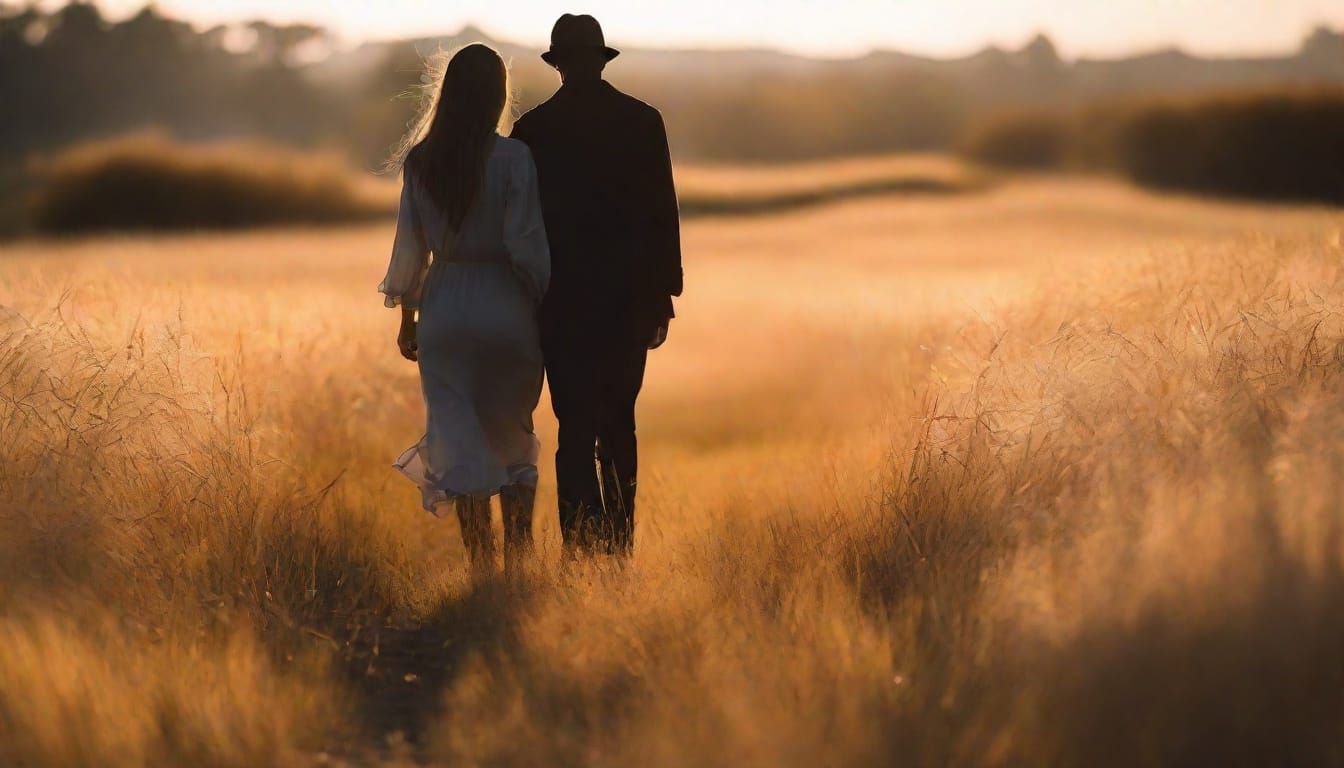 Couple's Golden Hour Walk in Barley Field