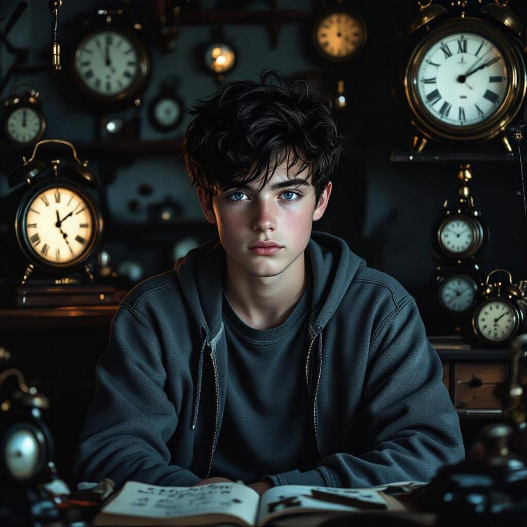 Eerie Teenager Amidst Timekeeping Devices
