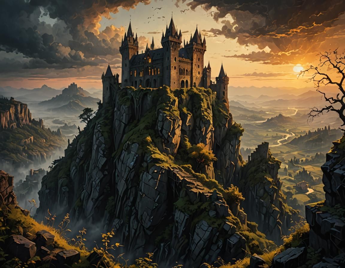 Dramatic Dark Fantasy Fortress at Sunset