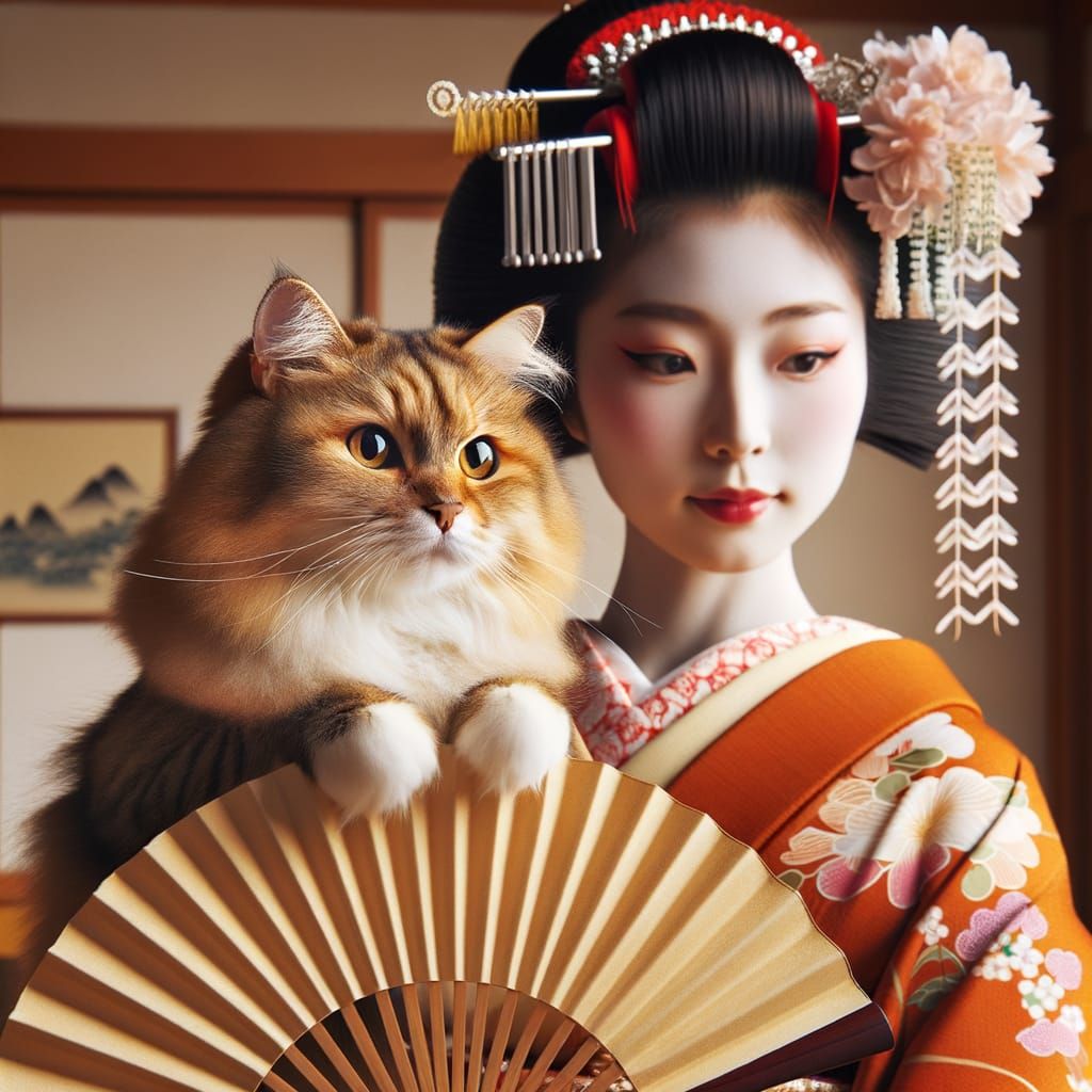 Maiko Dancing with Cat in Japanese Setting