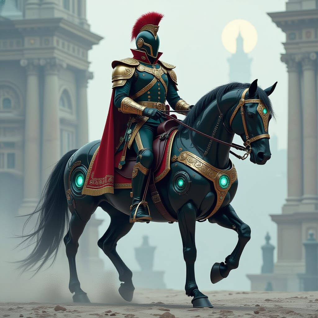 Futuristic Hussar on Cybernetic Horse: Digital Painting