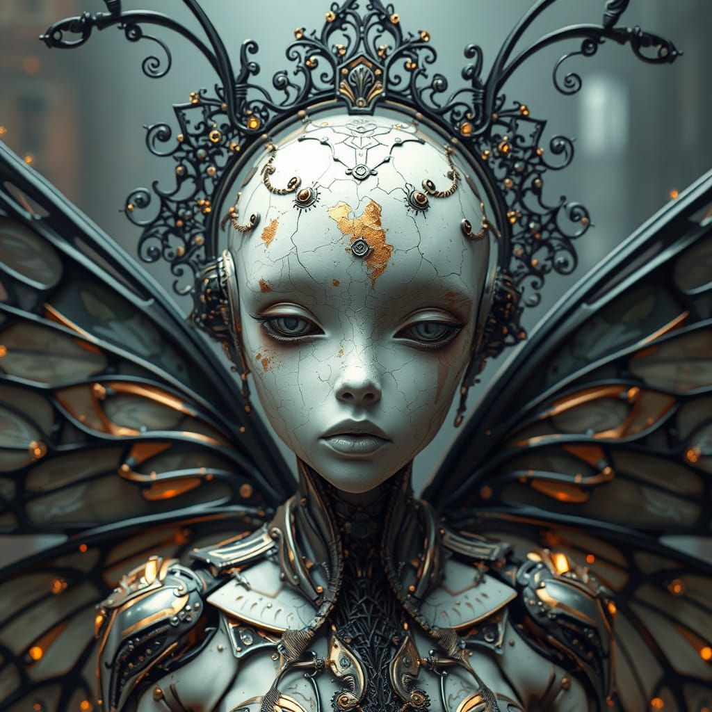 Ethereal Cyberpunk Android Fairy with Intricate Moth Wings