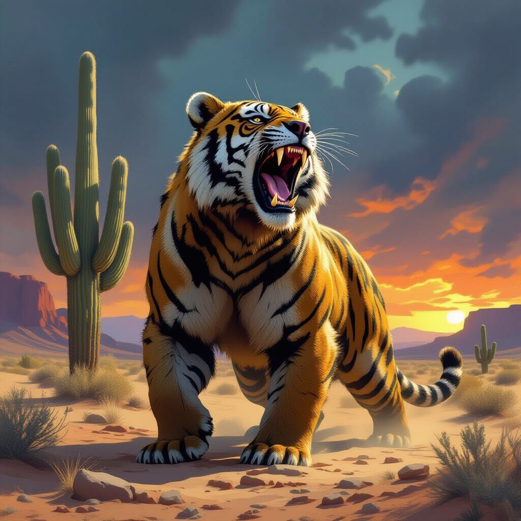 Tiger-Bear Hybrid Roaring in Desert Landscape