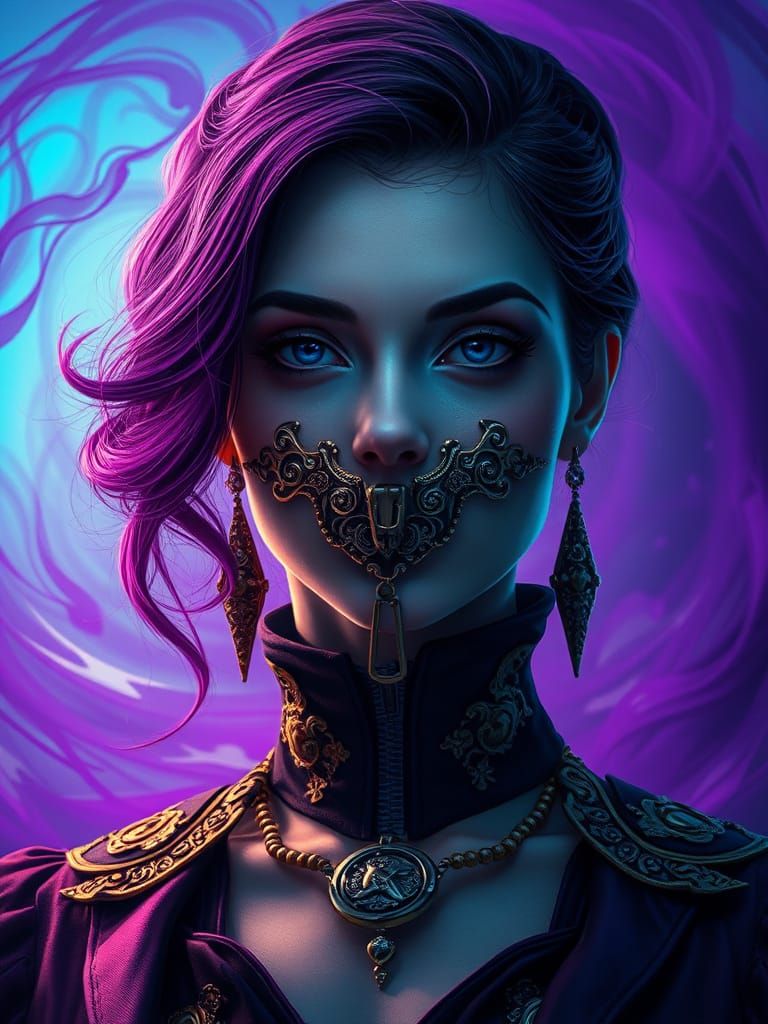 Ethereal Woman in Metallic Mask, Shimmering in Vibrant Purpl...