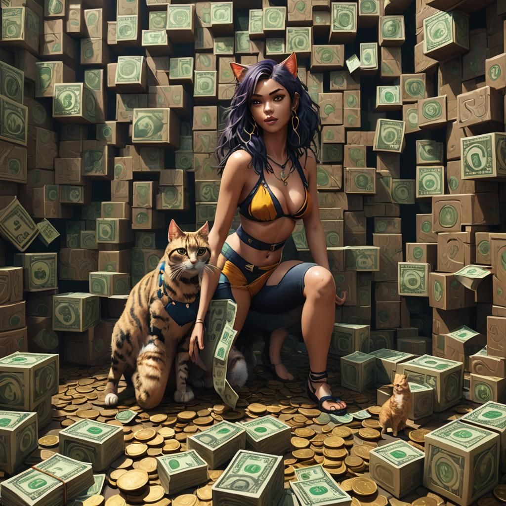 Bikini Cat-Girl in Maze of Money: Digital Painting