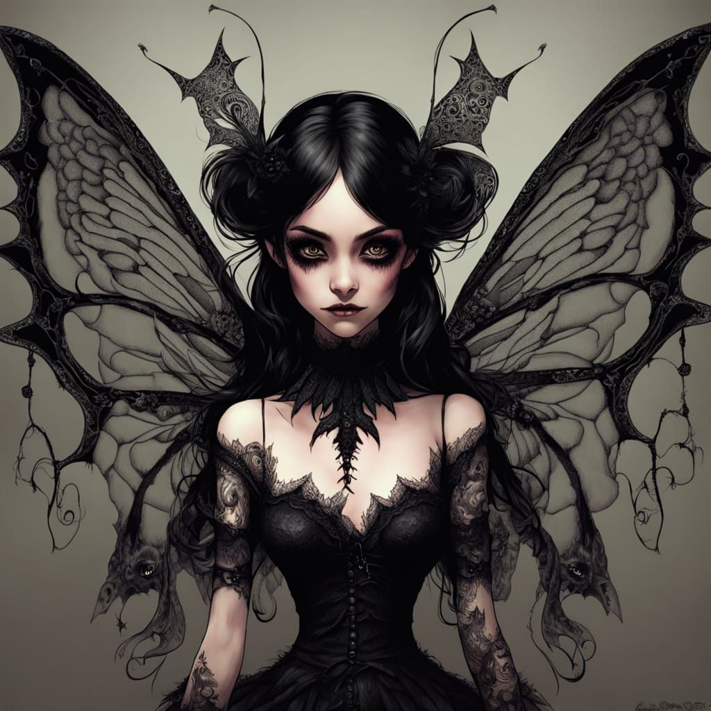 Evil Big-Eyed Fairy with Lace Wings: Gothic Surrealism