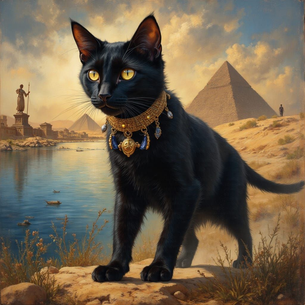Regal Black Cat Striding by Nile River