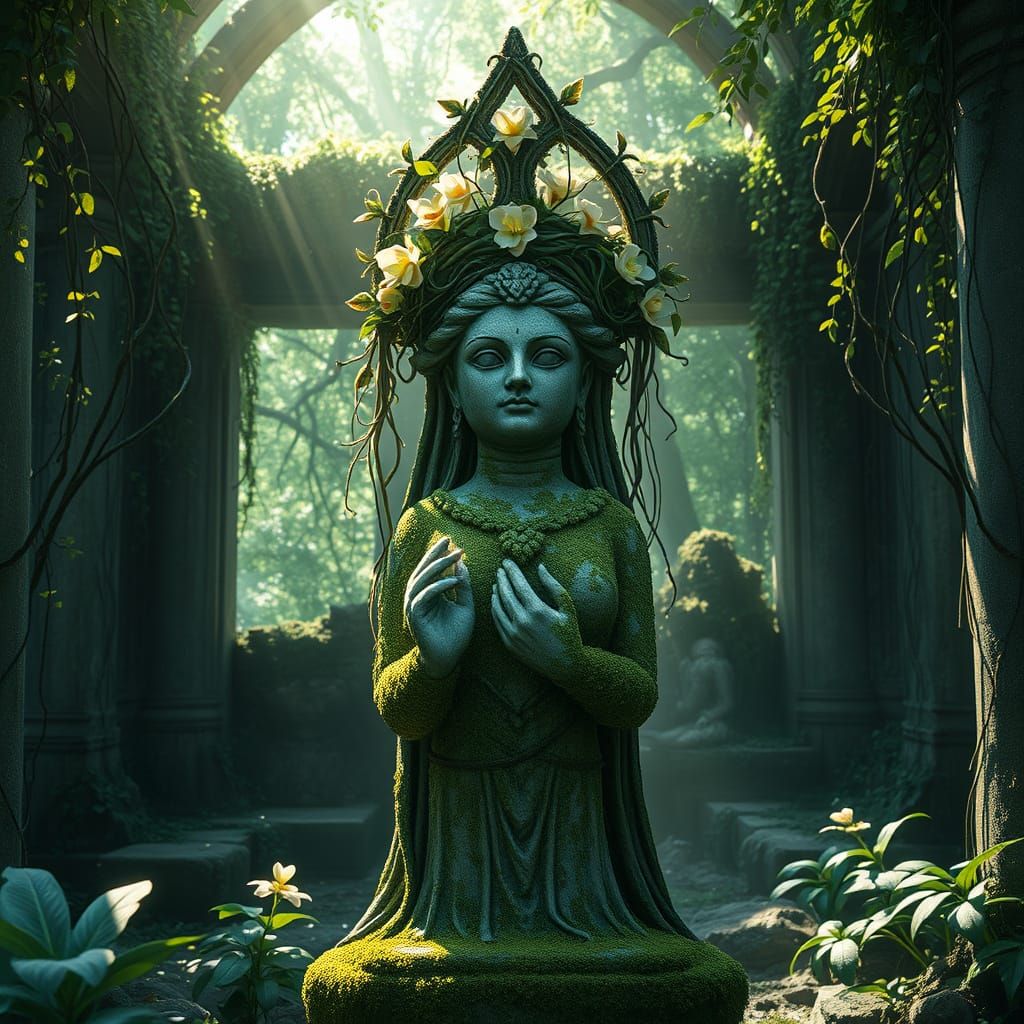 Mossy Deity Statue Crowned with Glowing Flowers in Ruined Fo...