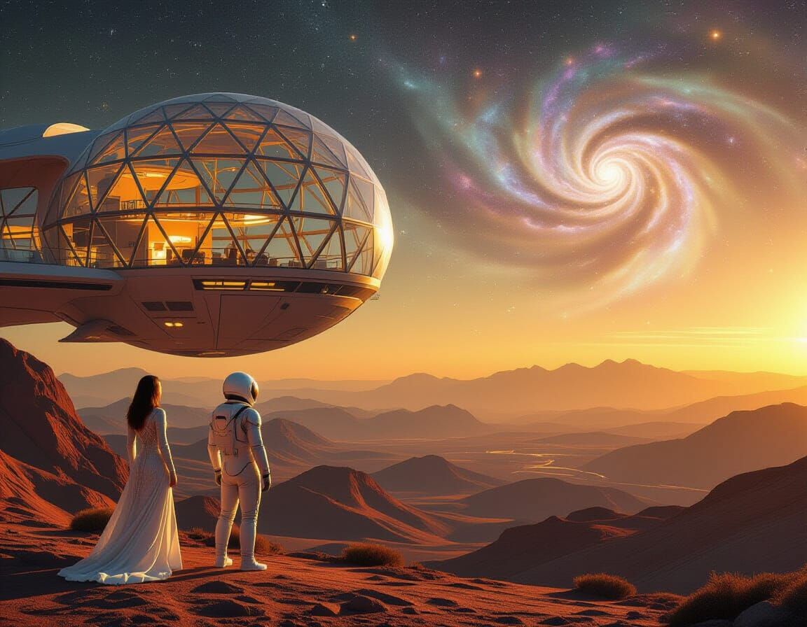 Celestial Embrace: Futuristic Couple Under Alien Skies