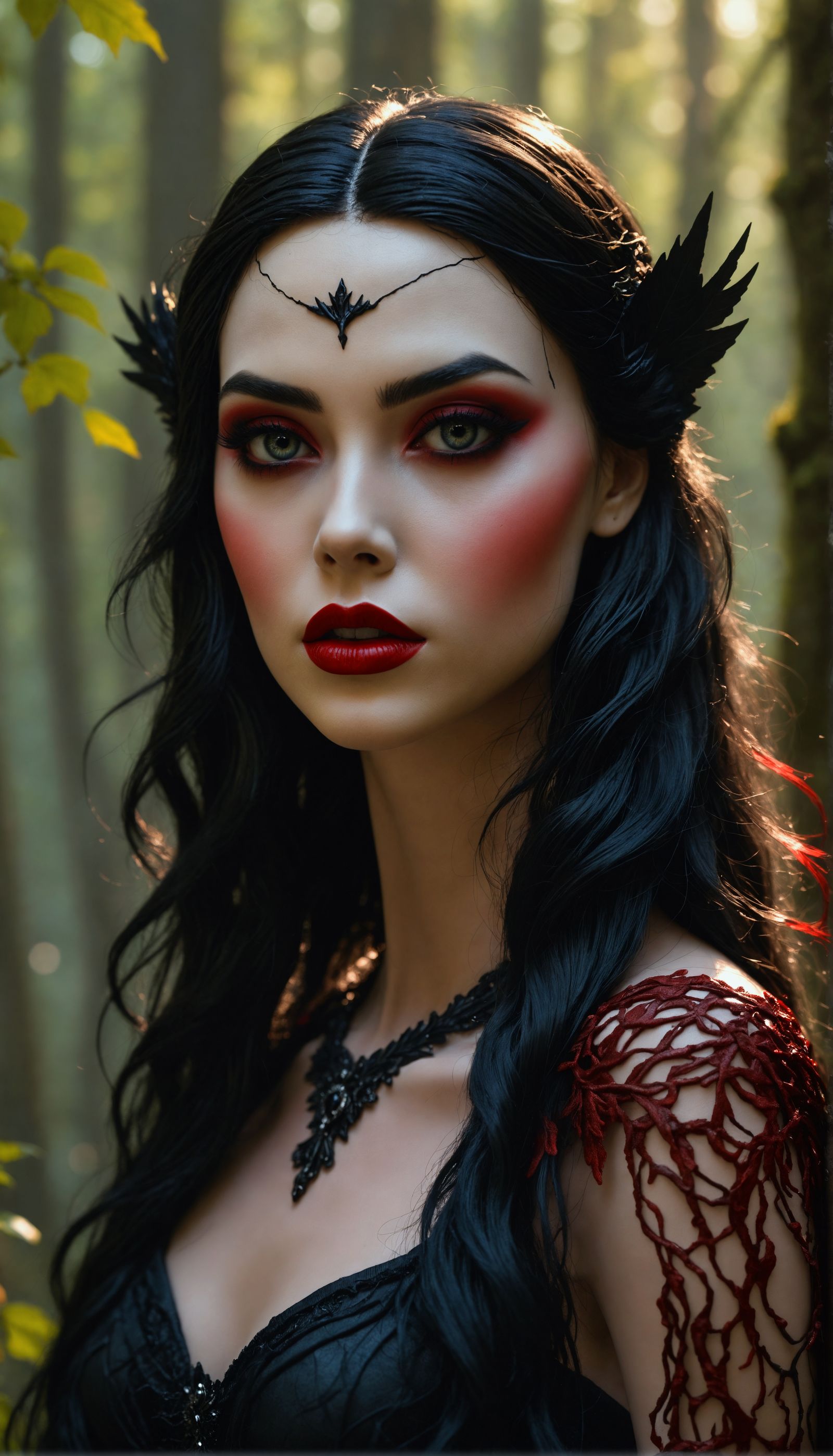 A majestic raven-headed woman stands in a misty forest, her ...