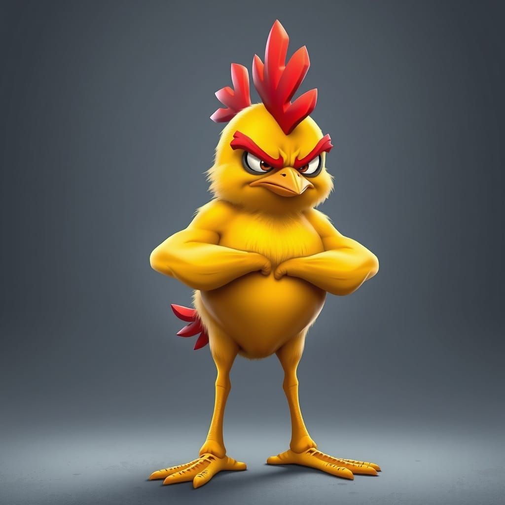 Grumpy Muscular Chick in Hyperrealistic Cartoon Style