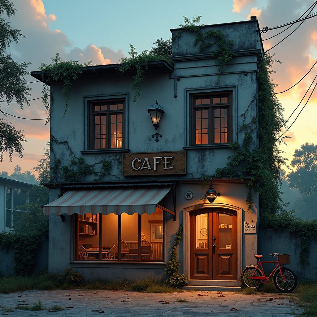 Dilapidated Cafe Façade at Twilight: Fantasy Concept Art
