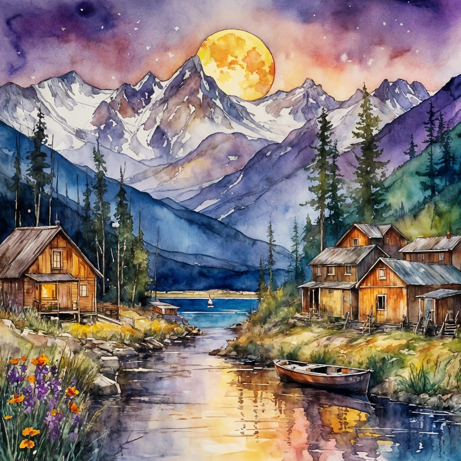 Vivid Watercolor Fishing Village at Dusk