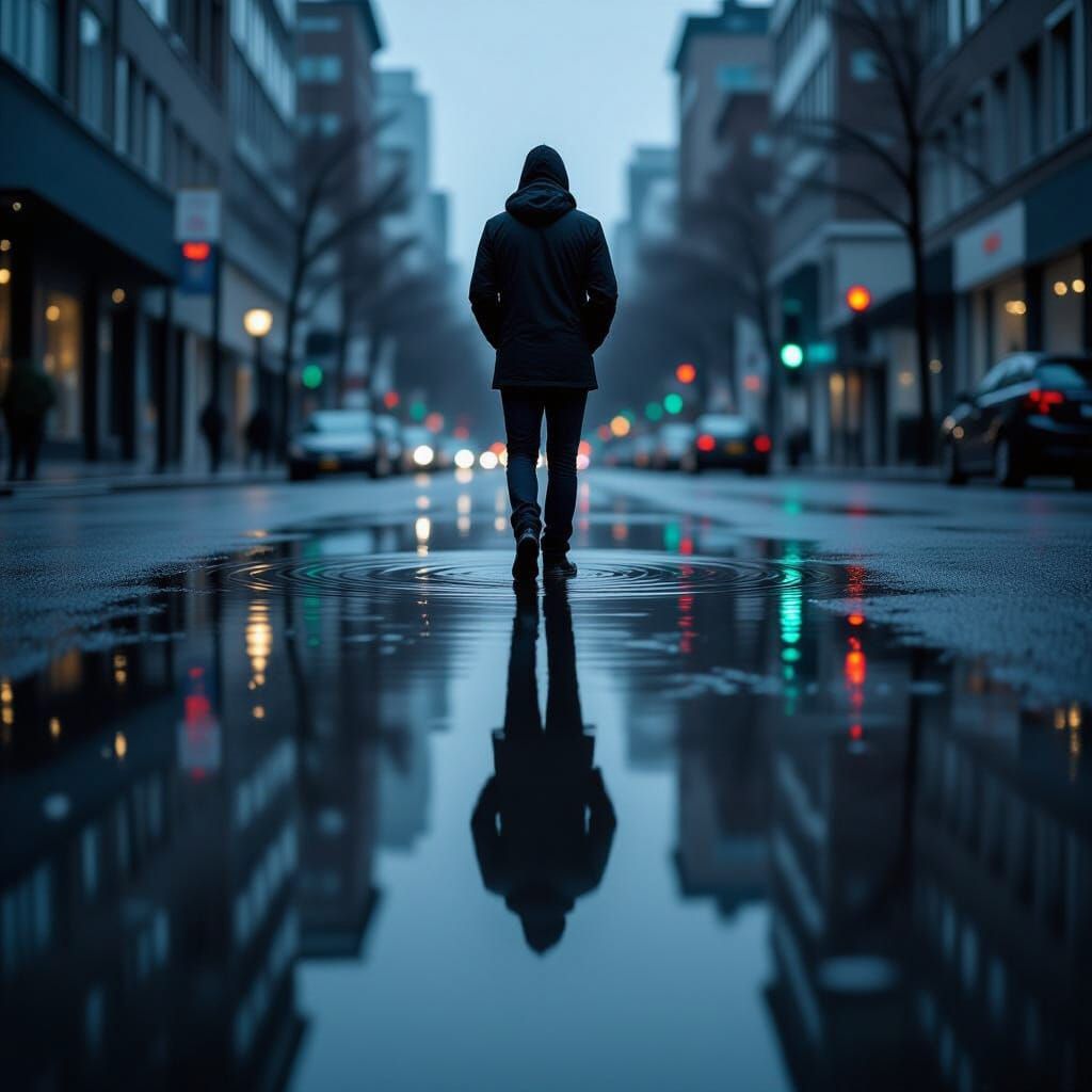 Person's Reflection in Rainy City Puddle