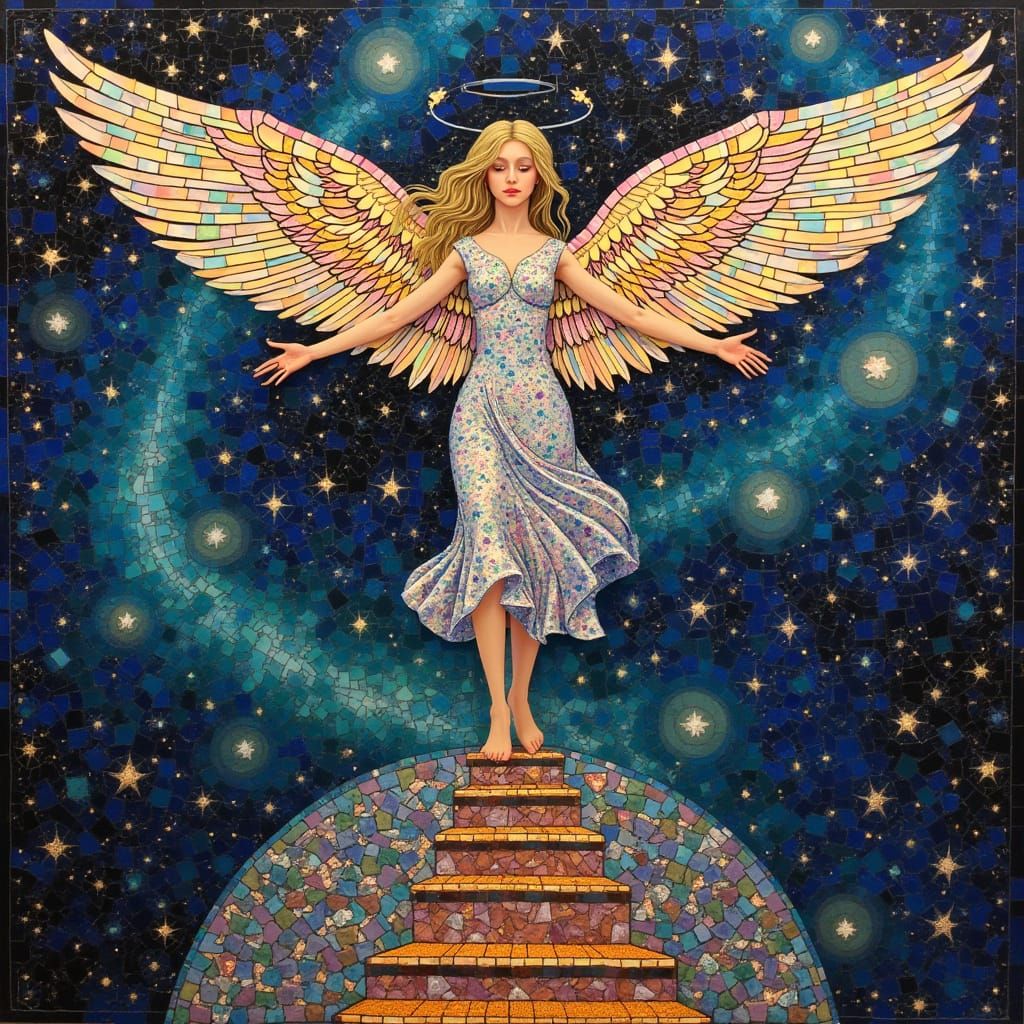 Mosaic Angel Ascending Celestial Staircase in Art Nouveau St...