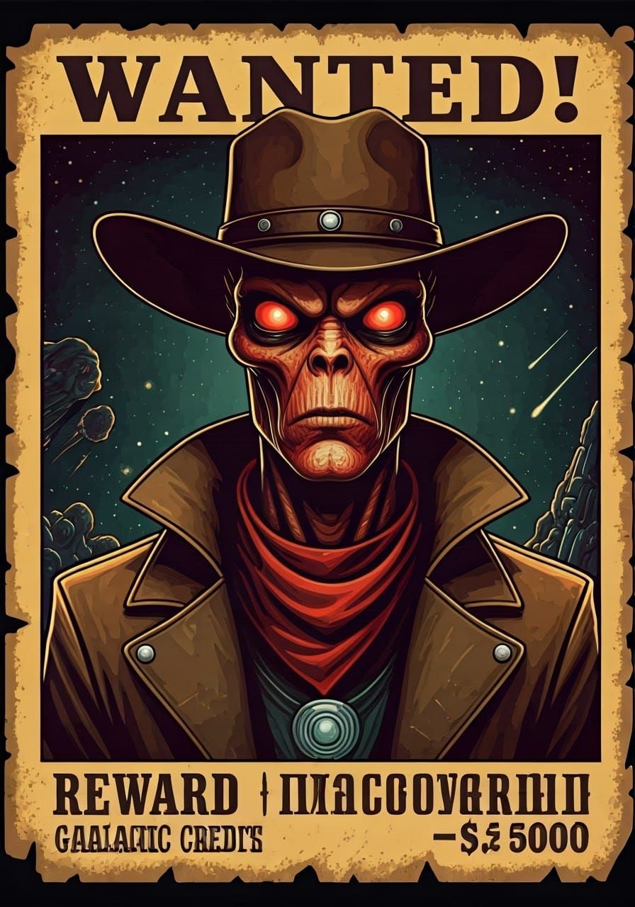 Alien Cowboy Thug on Wanted Poster in Retrofuturistic Style