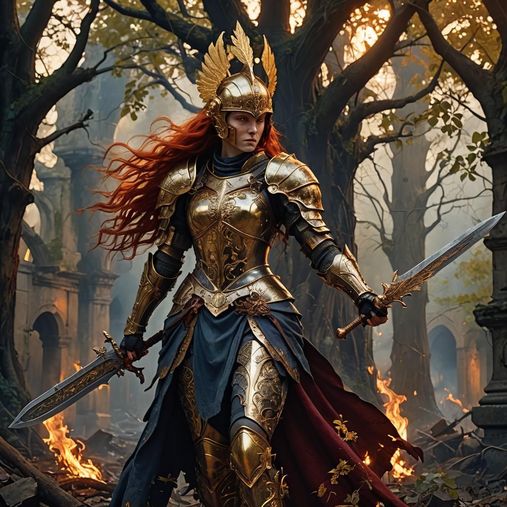 Fiery Haired Knight in Mystical Realm, Matte Painting