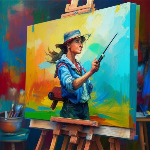 Expressive Oil Painting of an Artist at Easel