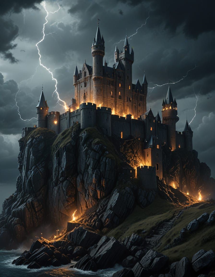 Medieval Castle Dominates Turbulent Sea in Dark Academia Oil...