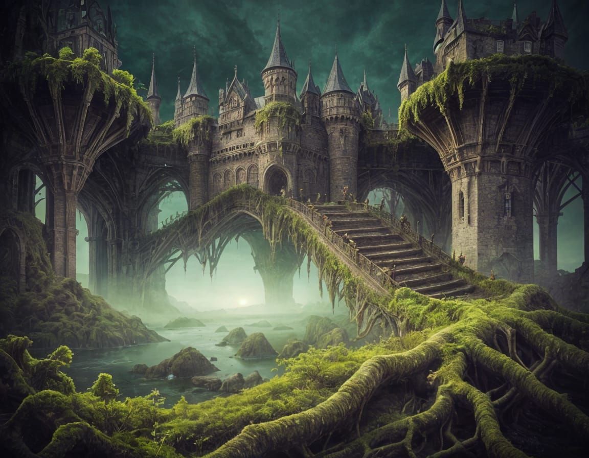 Surreal Castle with Drawbridges, Dreamlike Digital Art