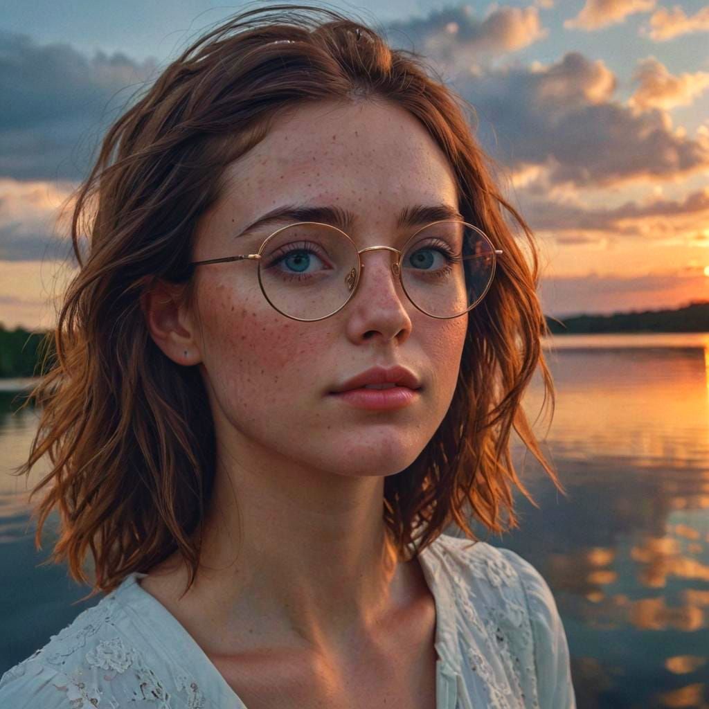 Girl with Sunset Lake Reflection, Fantasy Art