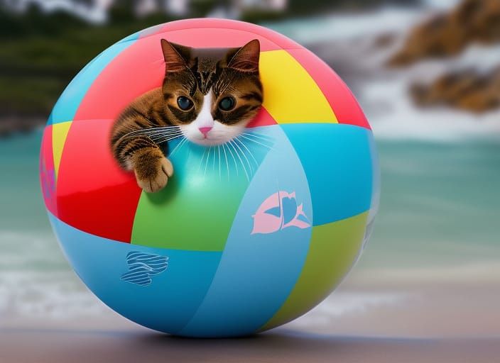 Cute Cat Plays with Beach Ball Seascape
