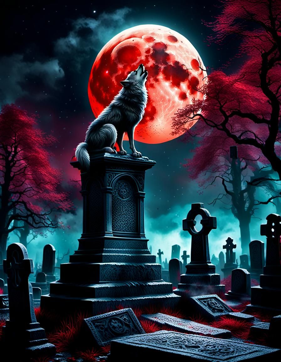Wolf Howling at Bloody Moon in Graveyard