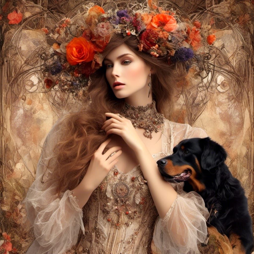 Ethereal Art Nouveau Woman with Her Loyal Bernese Mountain D...