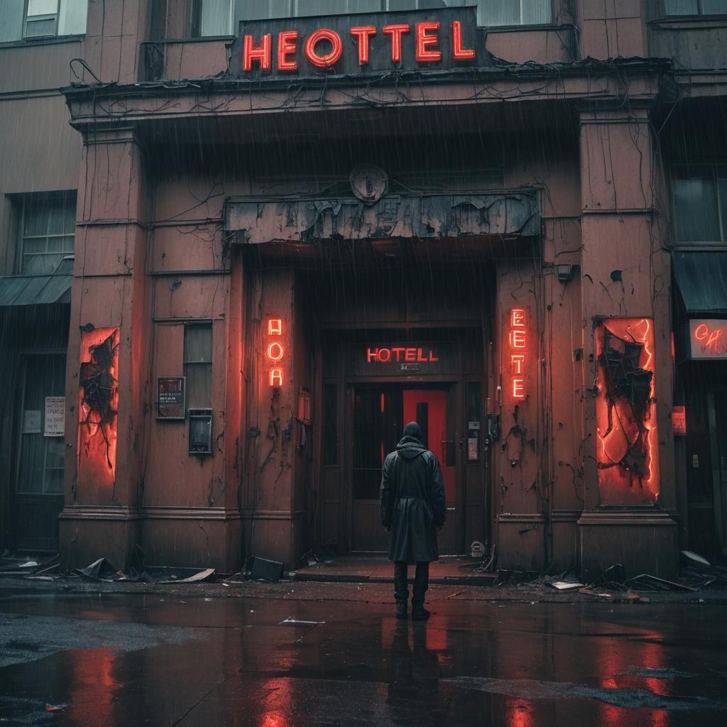 Dystopian Figure in Crumbling Retro-Futuristic Hotel