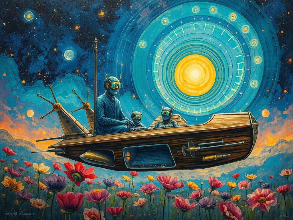 Surreal Spaceship Sails Through Sunset Galaxy in Glass Fores...