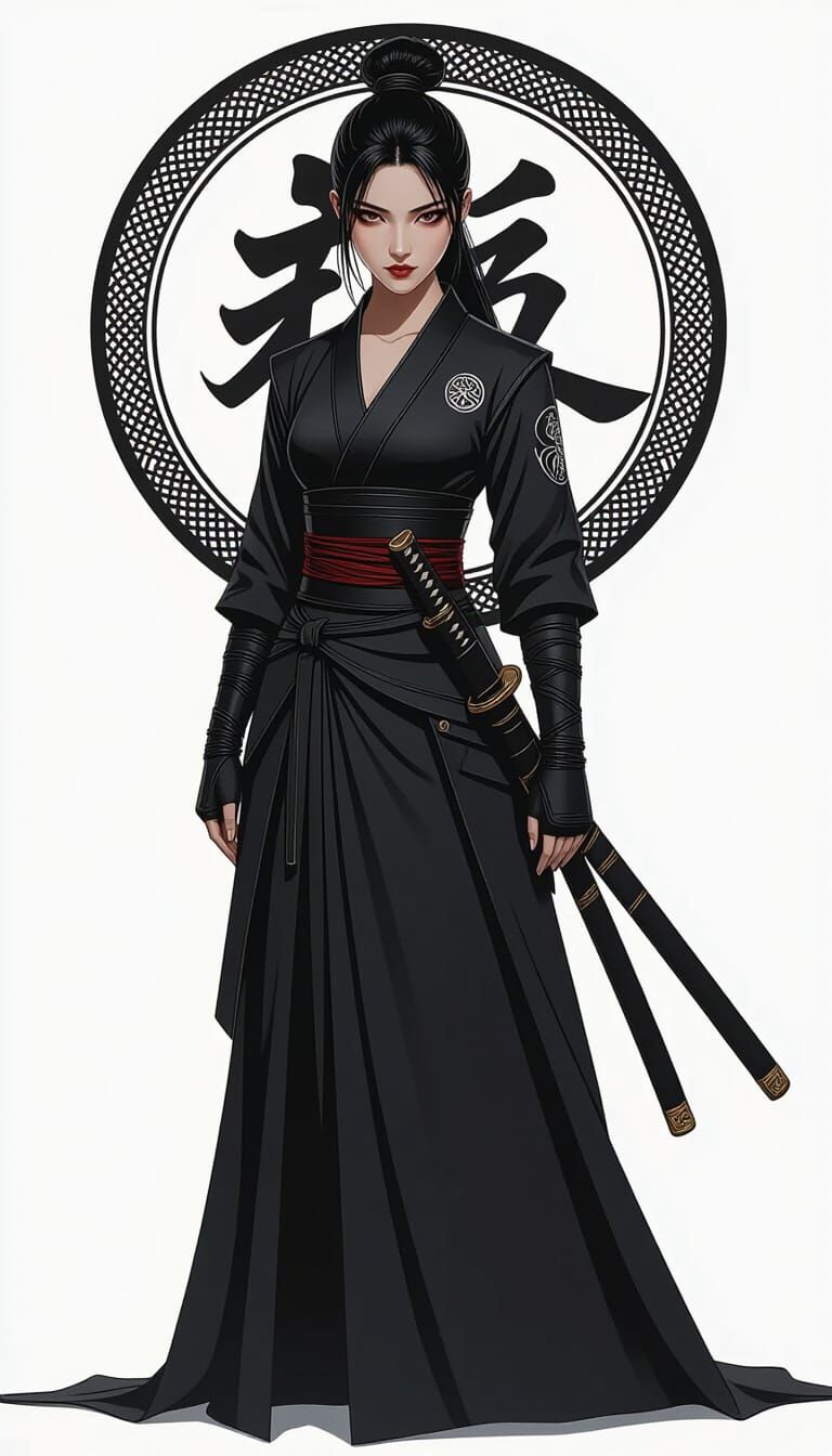 Ninja Girl in Black Attire with Chinese Character