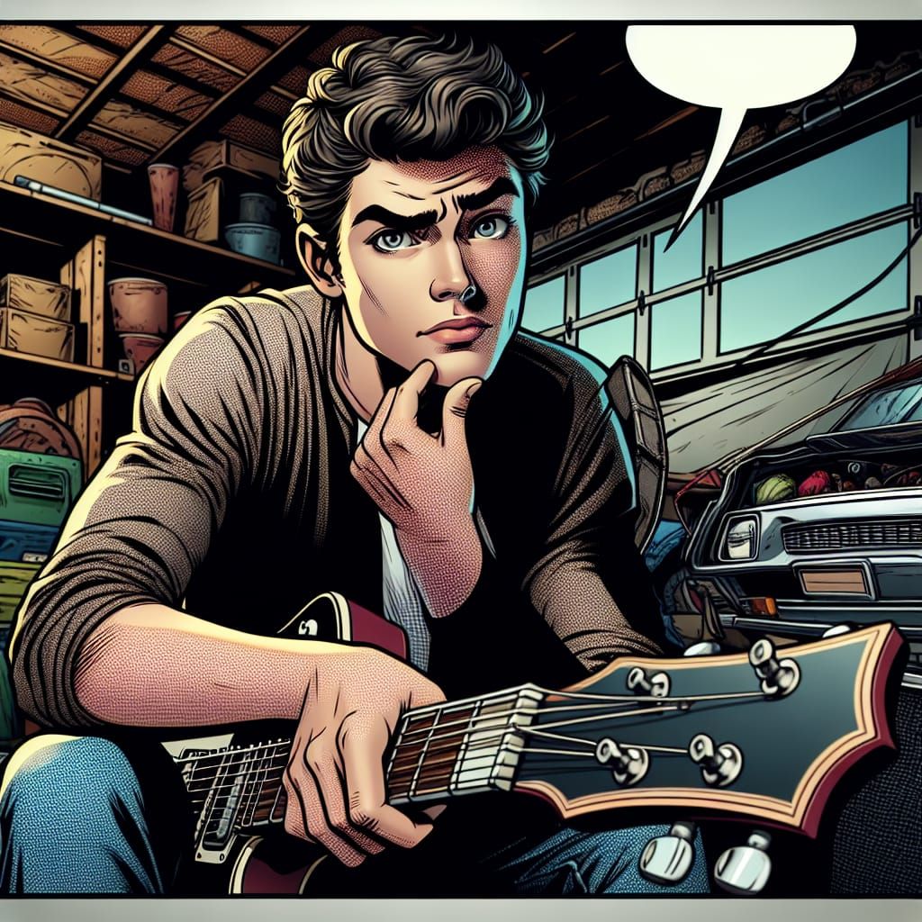Comic Style Guitarist Sits in Messy Garage, Skeptical Yet In...