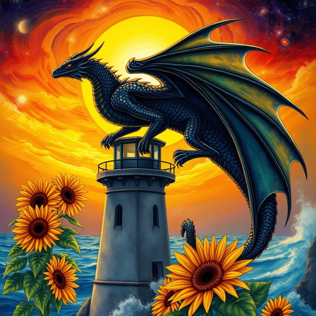 Black Dragon on Lighthouse in Visionary Art Style