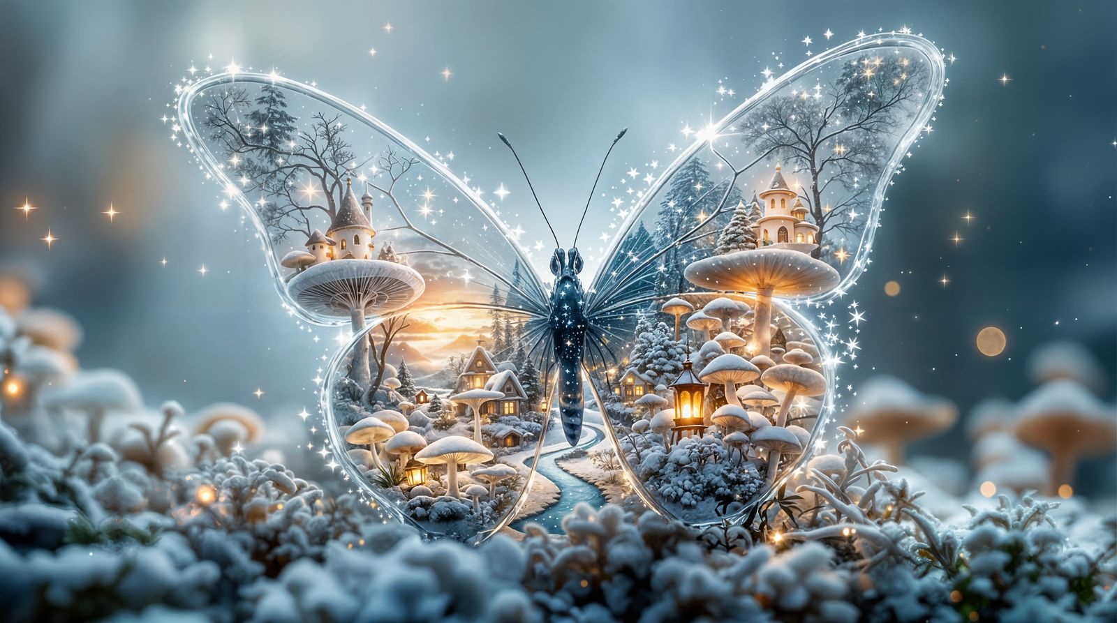 Ethereal Winter Wonderland Inside a Butterfly's Wings