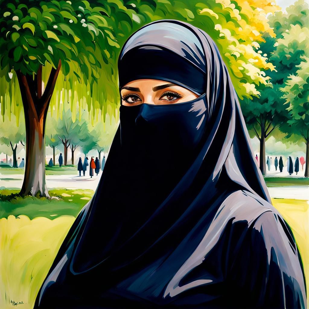 Niqabi Woman Portrait in Oil-Guache Style