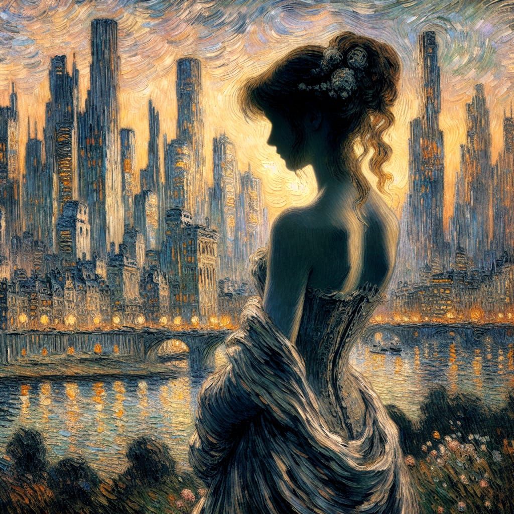 Cyberpunk Lady in Impressionistic Silhouette