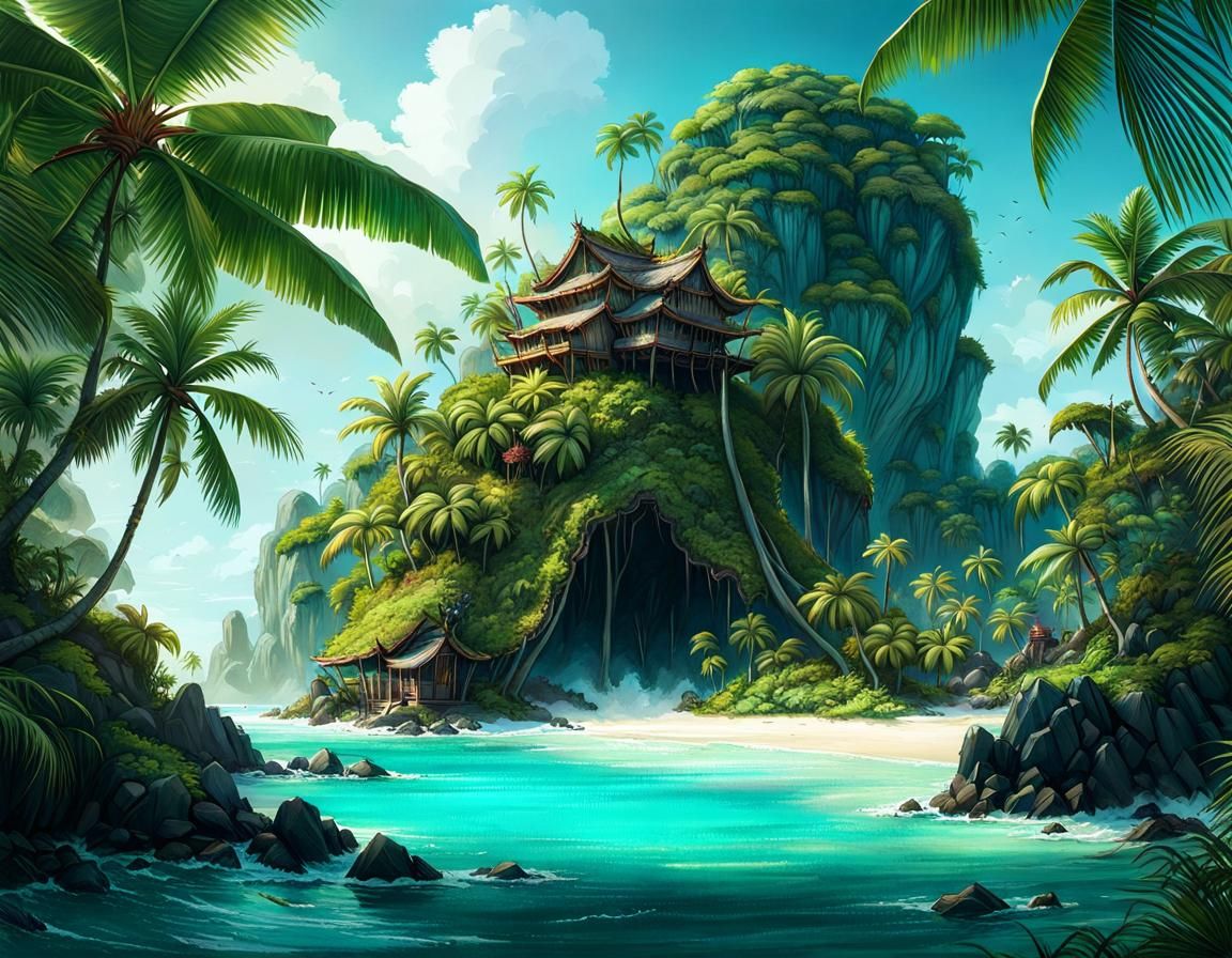 Lush Tropical Island in Illustrative Fantasy Style