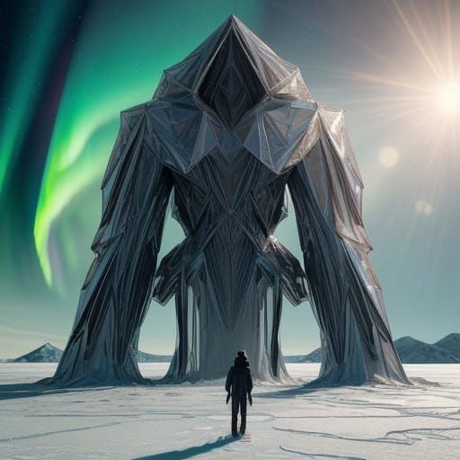 Frozen Figure Gazing Up at Celestial Fractals