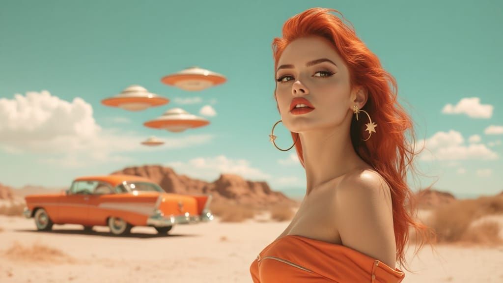 Retro-Futuristic Desert Scene With Woman and Flying Saucers