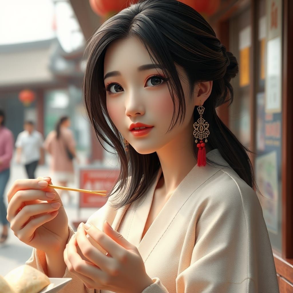 Young Woman Enjoying Baozi: Anime-Inspired 3D Art