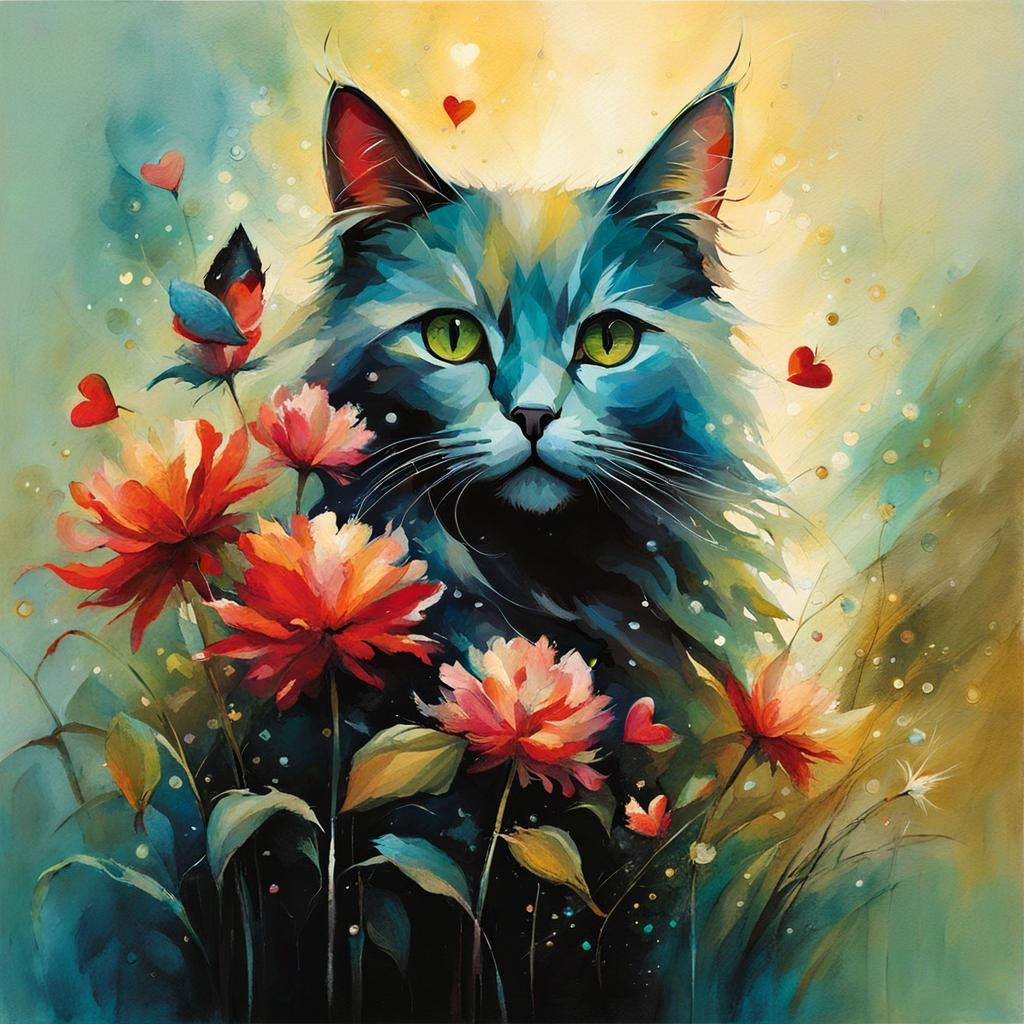 Cat Surrounded by Flowers in Dreamlike Setting