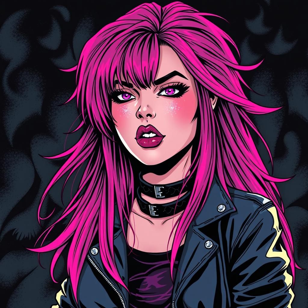 Punk Woman with Pink Hair in Comic Book Style