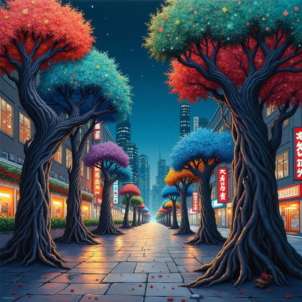 Whimsical Trees in Cityscape at Night: Naive Art Style