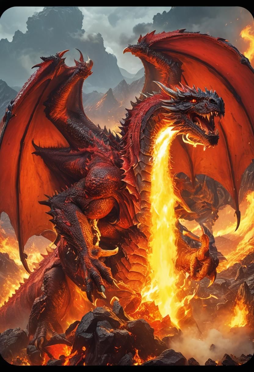 Red Dragon's Volcanic Conquest: Dark Fantasy Art
