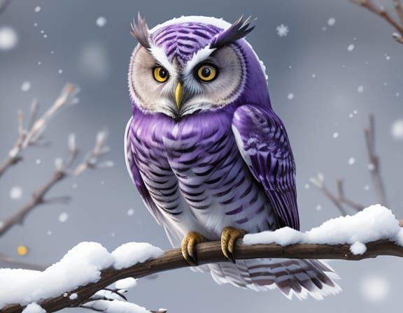 Whimsical Purple Owl in Snowy Winter Scene