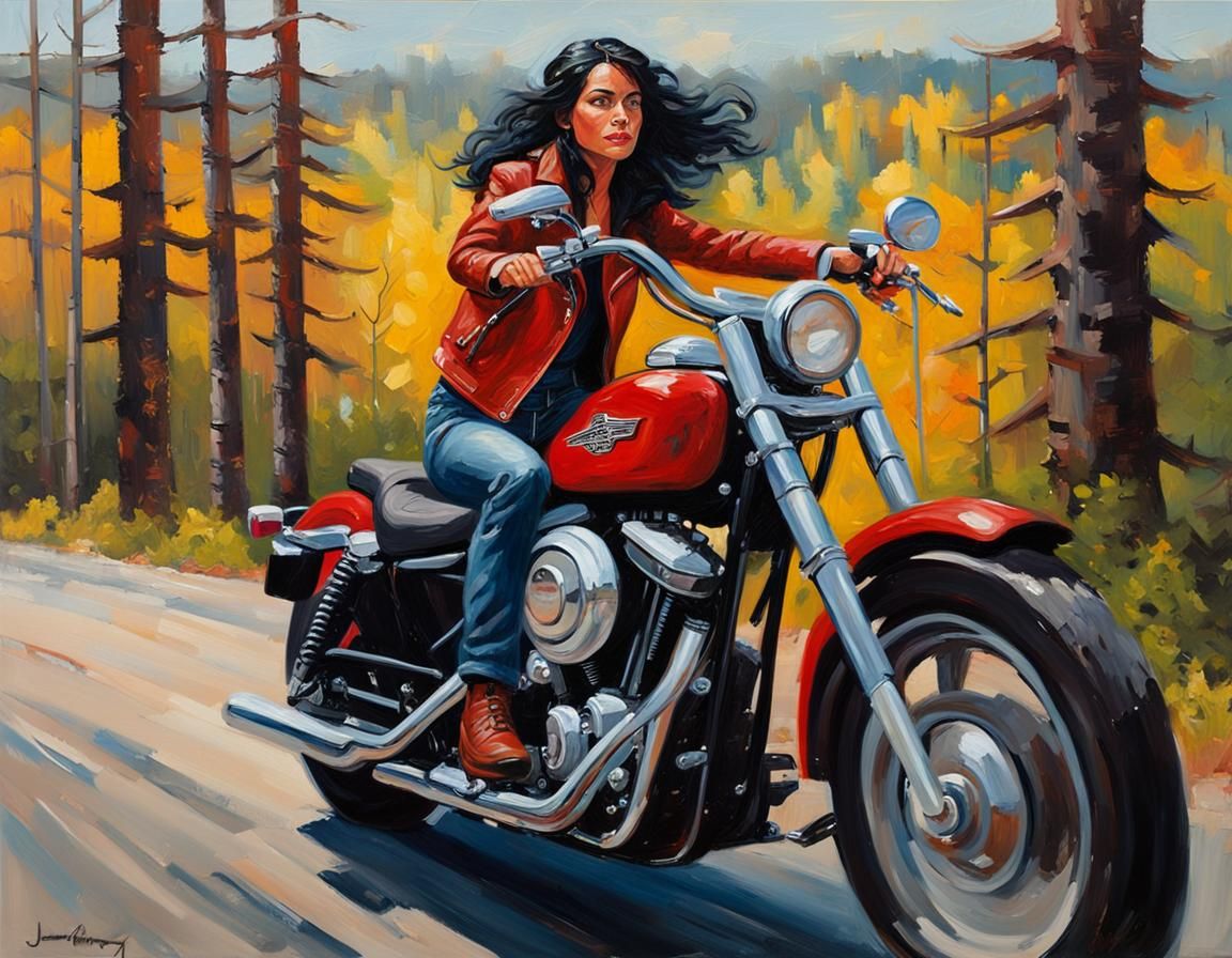Woman on Motorcycle: Impasto Oil Painting
