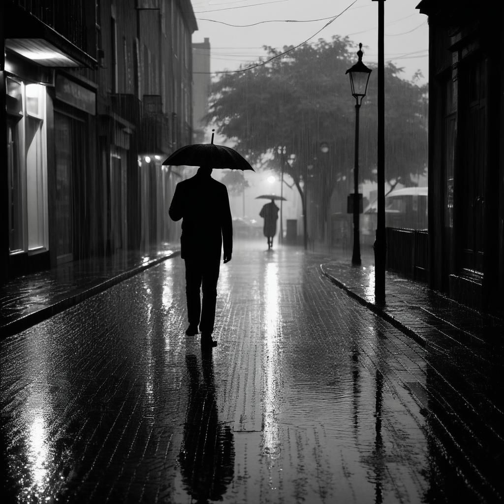 Noir Silhouette: Lone Figure in Rainy Dusk